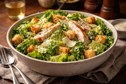 Classic caesar salad with creamy dressing in large bowl placed on wooden dining table