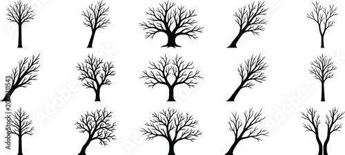 Leafless tree silhouette vector set featuring diverse branching structures, upright and leaning forms, and artistic winter designs