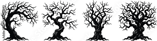 Leafless tree silhouette vector set featuring twisted trunks and gnarled branches for artistic, seasonal, and nature design projects