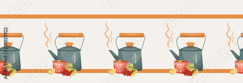 Cozy autumn border with teapot, rowan berries and hot drink. Warm seasonal illustration perfect for cafe design, packaging, invitations and fall branding.