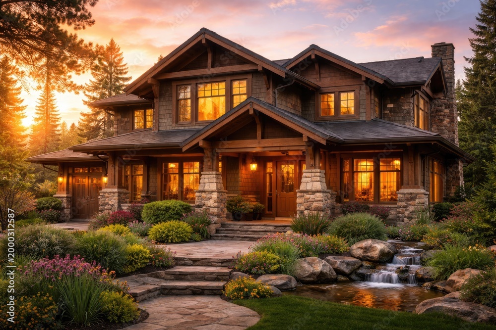 Naklejka premium Charming craftsman residence featuring natural materials and sunset ambiance