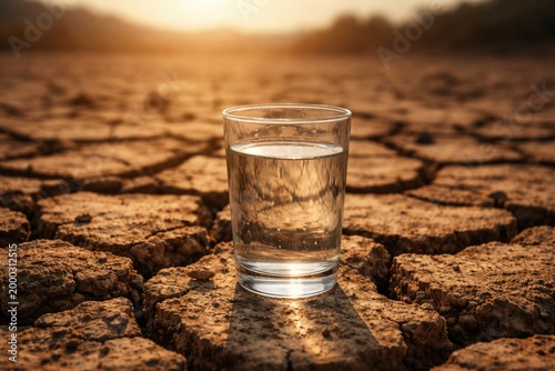 Clear water glass on bright cracked earth highlighting the critical thirst during drought periods