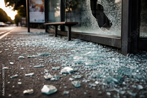 Broken tempered glass fragments at a vandalized bus shelter