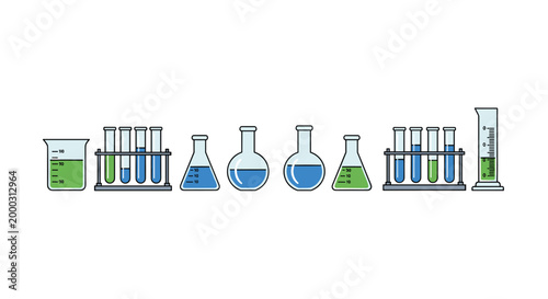 A scientific laboratory setup featuring a variety of glassware such as beakers, flasks, and test tubes filled with blue and green liquids on a white surface.