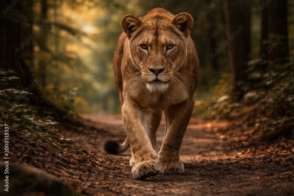 Fototapeta premium Lone lioness striding near camera along forest path
