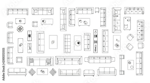 Set of top view sofa and couch icons for interior design floor plans