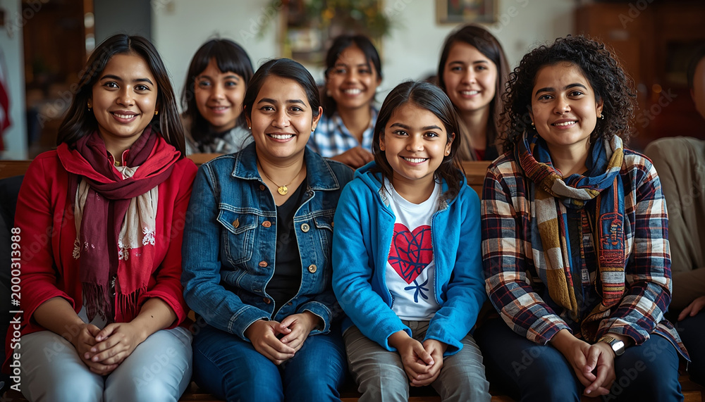 Fototapeta premium Women and girls from an extended family sitting side by side on International Women's Day 