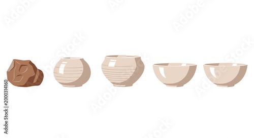Raw material and progressively refined ceramic vessels displayed in a horizontal line against a white background.