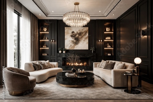 Elegant living area designed with black accent walls and modern furnishings