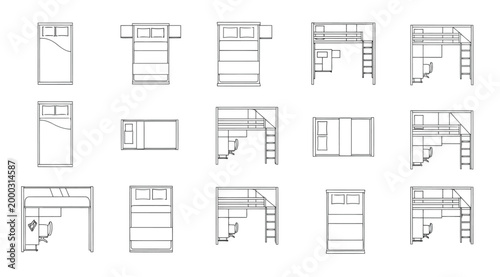 Set of top view furniture icons for floor plan, loft beds and bunk beds