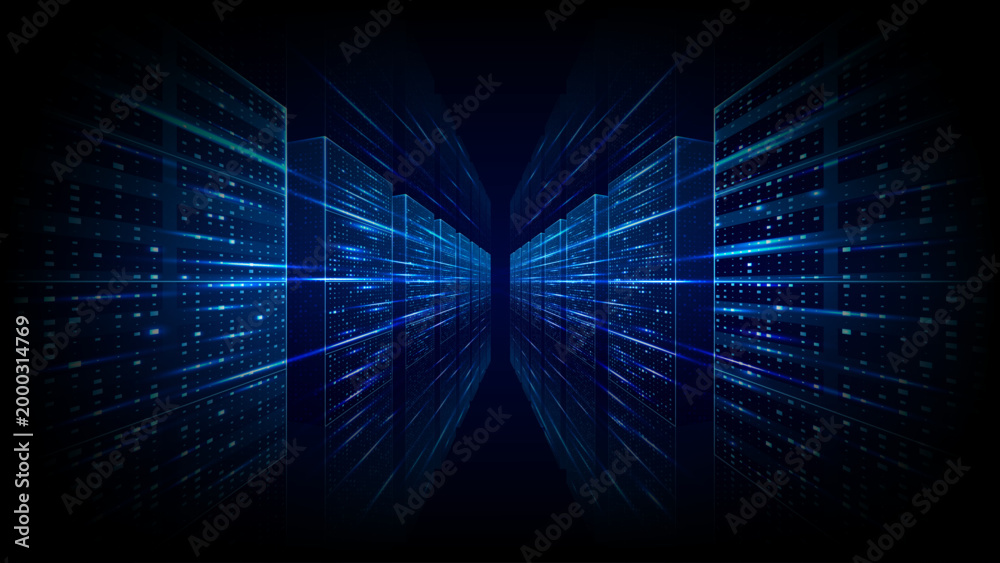 Fototapeta premium Abstract data server center room with AI cloud internet network, glowing rack systems and digital tech environment, futuristic computer background with flowing data connections and blue light. Vector