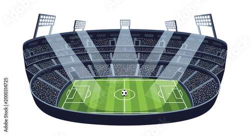 Illuminated modern soccer stadium viewed from above, featuring a green field with a ball and bright stadium lights at night.