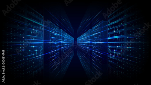 Abstract data server center room with AI cloud internet network, glowing rack systems and digital tech environment, futuristic computer background with flowing data connections and blue light. Vector