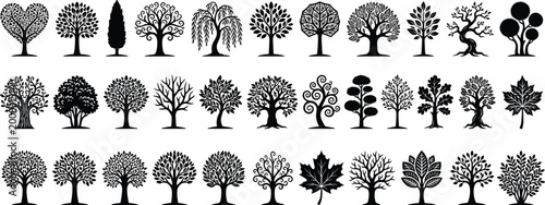 Stylized tree silhouette vector set featuring artistic heart-shaped, spiral, geometric, willow, oak, and maple canopy designs