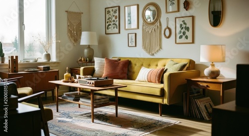 Cozy living room with yellow couch and colorful pillows and decor