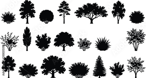 Tree and shrub silhouette vector set featuring coniferous, deciduous, compact, and stylized natural forms for design projects