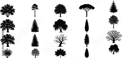 Tree silhouette vector set featuring broadleaf, coniferous, willow, cypress, and leafless forms for artistic and design projects