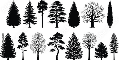 Tree silhouette vector set featuring coniferous, deciduous, and stylized natural forms with varied canopy and branching designs