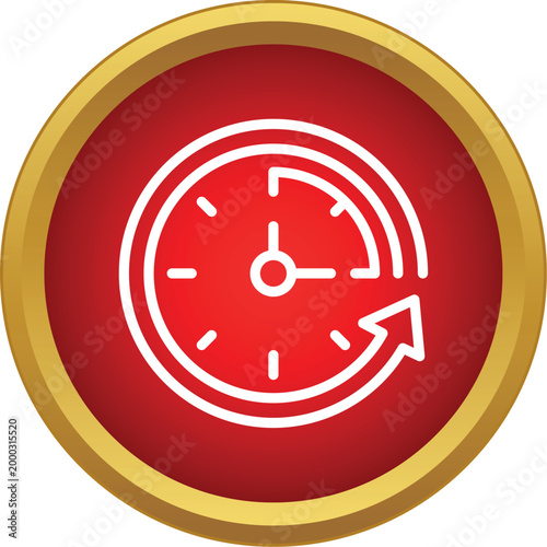 Clock face showing a circular arrow in a red and gold button symbol
