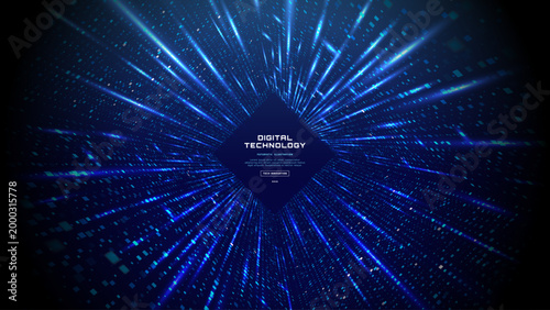 Foto Abstract blue digital background with glowing hexagon portal, ai tech light rays
