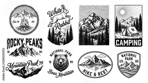 Mountain national park badge bear rabbit camping vintage engraving