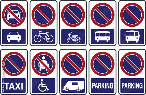 Parking sign set. Parking sign car, bicycle, motorcycle, bus, disabled person, campervan and visitor parking signboard collection for transport guidance and public area navigation.