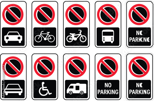 Parking sign set. Parking sign car, bicycle, motorcycle, bus, disabled person, campervan and visitor parking signboard icons designed for road safety, facility management and directional signage.