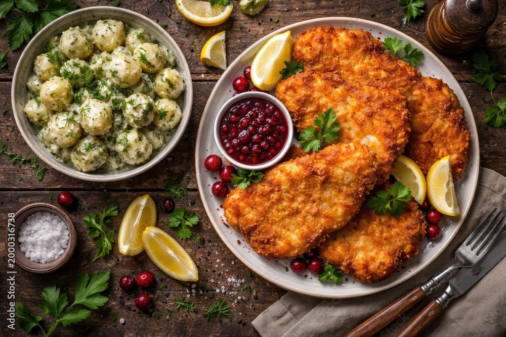 Fototapeta premium Flat lay of deep fried schnitzel with creamy herb potato salad lemon wedges and a scattering of cranberries