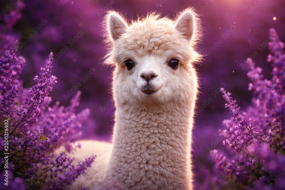 Fototapeta premium Delightful alpaca captured with a rich purple background