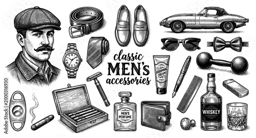 Men accessory set car watch portrait whiskey vintage engraving
