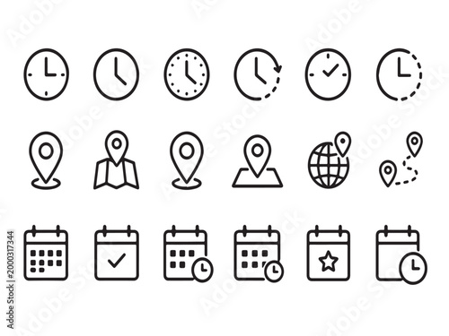 Time location calendar icons set clock schedule map pin navigation outline collection
