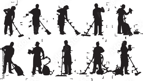Cleaning, janitorial, maintenance, worker silhouettes, 10 icons, black