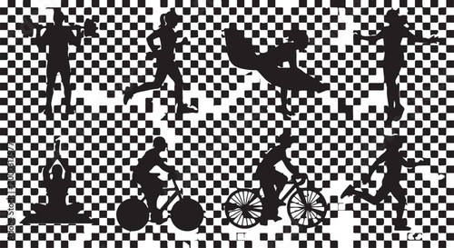 Black silhouettes of athletes, sports icons, fitness illustrations, checkered background