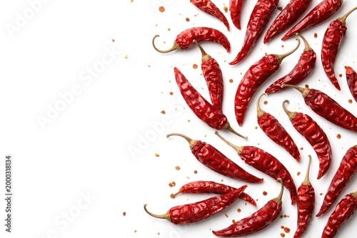 Dry hot chili peppers scattered on a bright white background with copy space