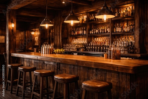 Rustic wooden bar featuring trio of hanging lights creating warm ambiance