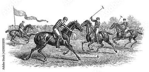 Horse polo match player equestrian vintage engraving