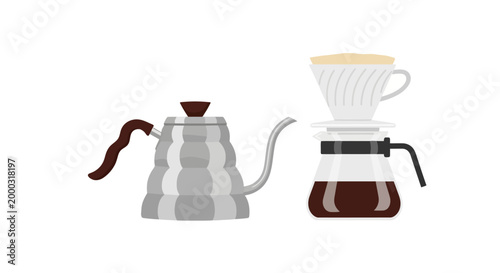 Flat vector illustration of a coffee maker and kettle for brewing hot beverages