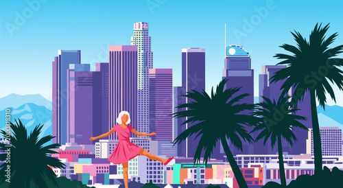 Vibrant vector illustration of a woman enjoying the iconic skyline of Los Angeles with palm trees, capturing the essence of a sunny day