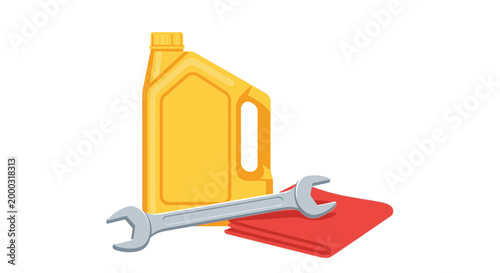 Car maintenance and repair tools including oil container, wrench, and cleaning cloth