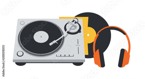 Vintage Turntable with Headphones and Vinyl Records - Retro Music Listening Experience