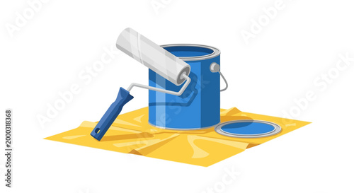 Illustration of a paint roller and open paint can on a yellow drop cloth