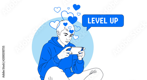 A dynamic vector illustration showcasing a young person deeply engrossed in mobile gaming, with 'LEVEL UP' displayed prominently, reflecting the excitement of progression