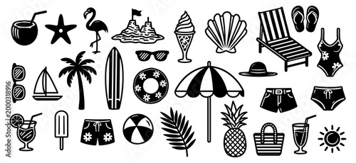 Summer beach holiday doodle set palm tree umbrella sun hat