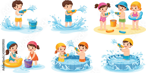 Kids building colorful block towers educational play vector illustration set, children stacking toy blocks and learning balance skills isolated for preschool classroom activity and early education