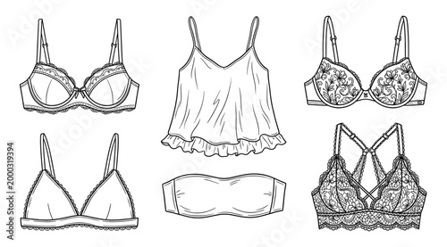 Lingerie set bra brassiere camisole bralette lace fashion sketch line art