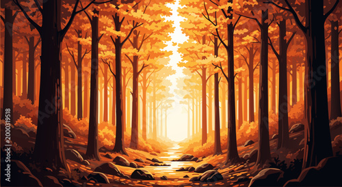 Autumn Forest Path Glowing Sunlight - Vector Illustration