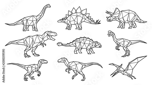 Dinosaur low poly geometric set t-rex triceratops stegosaurus line art