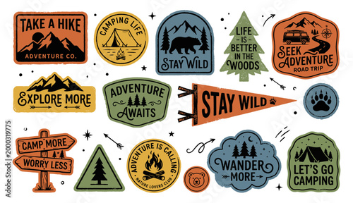 Adventure sticker set with mountain tent bear campfire and van vintage