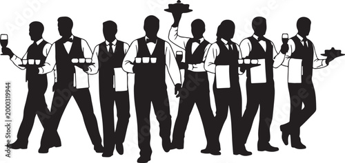 Waiters, bartenders, servers, catering staff, hospitality professionals, black silhouettes, vector icons, 9 elements
