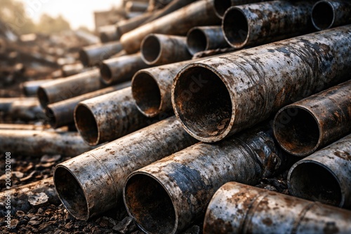 Detailed shot of weathered metal pipes for recycling backgrounds with copy space